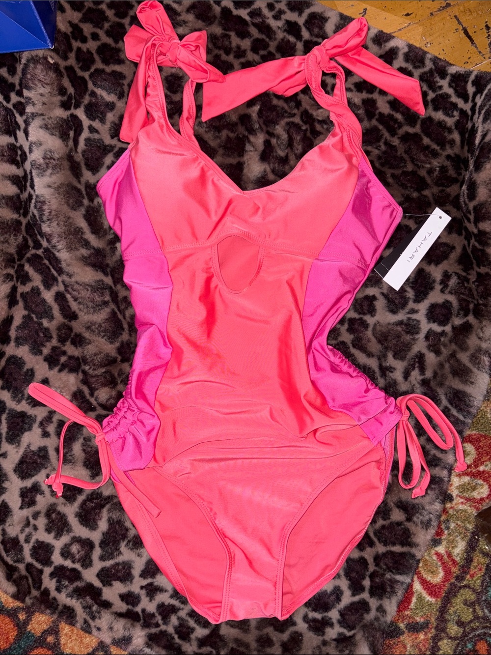 Tahari Two-Tone Pink Tie-Shoulder One-Piece Swimsuit